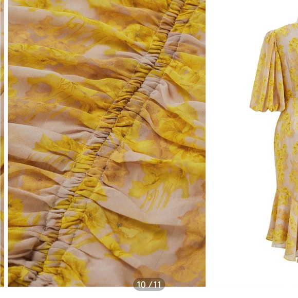 YELLOW BLOSSOM DRAWSTRING ASYMMETRIC RUFFLE MIDI DRESS - Picture 3 of 7